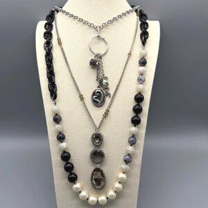 Chicos Multi Layered Statement Necklaces Beads Charms Crystals Silver Black Long
